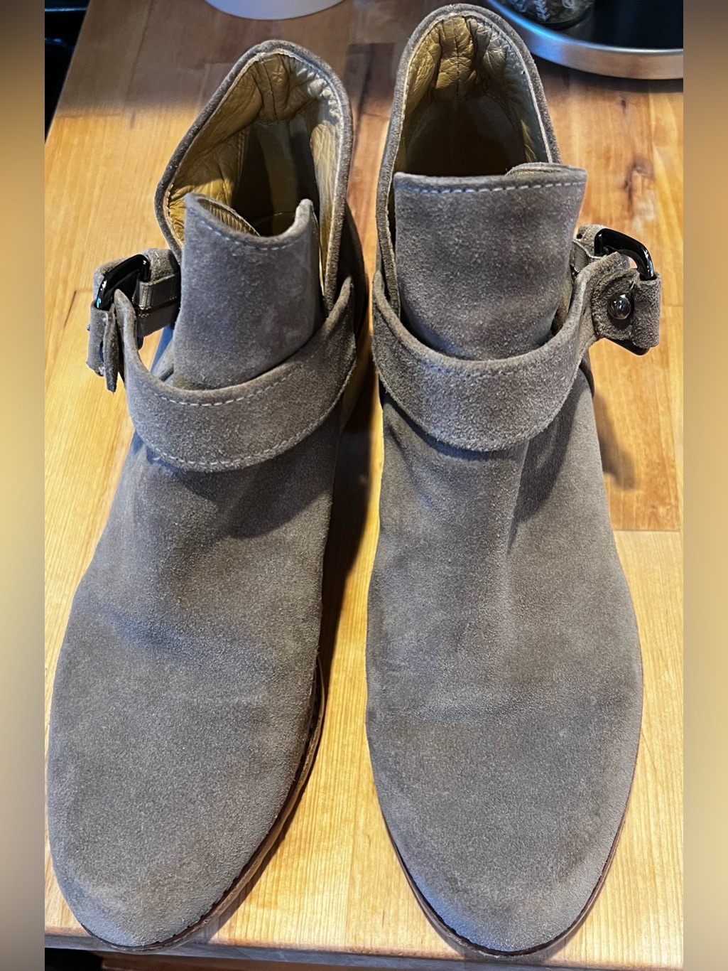 Stuart Weitzman Dude Taupe Suede Buckle Ankle Booties Stacked Block Heel Sz 9